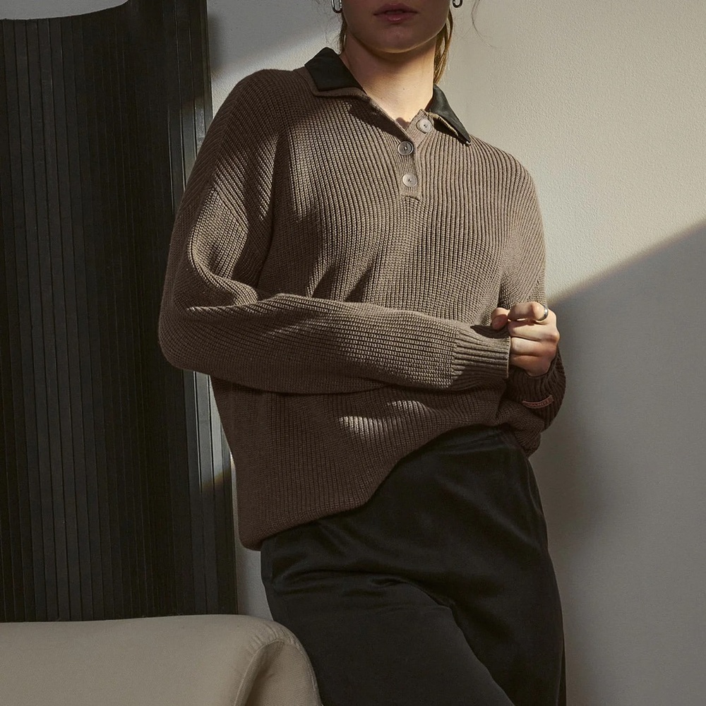 NWT Lunya Cozy Cotton Silk Polo Pullover - Botanical Brown Heather / M